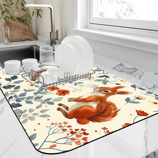 Dish Drying Mat Squirrel in the Flowers Kitchen Mat 12"x19" Bsorbent Coffee Maker Mat for Dishes,Utensils Coffee Maker Pots and Pans Easy Clean Dish Slip Resistant Pad