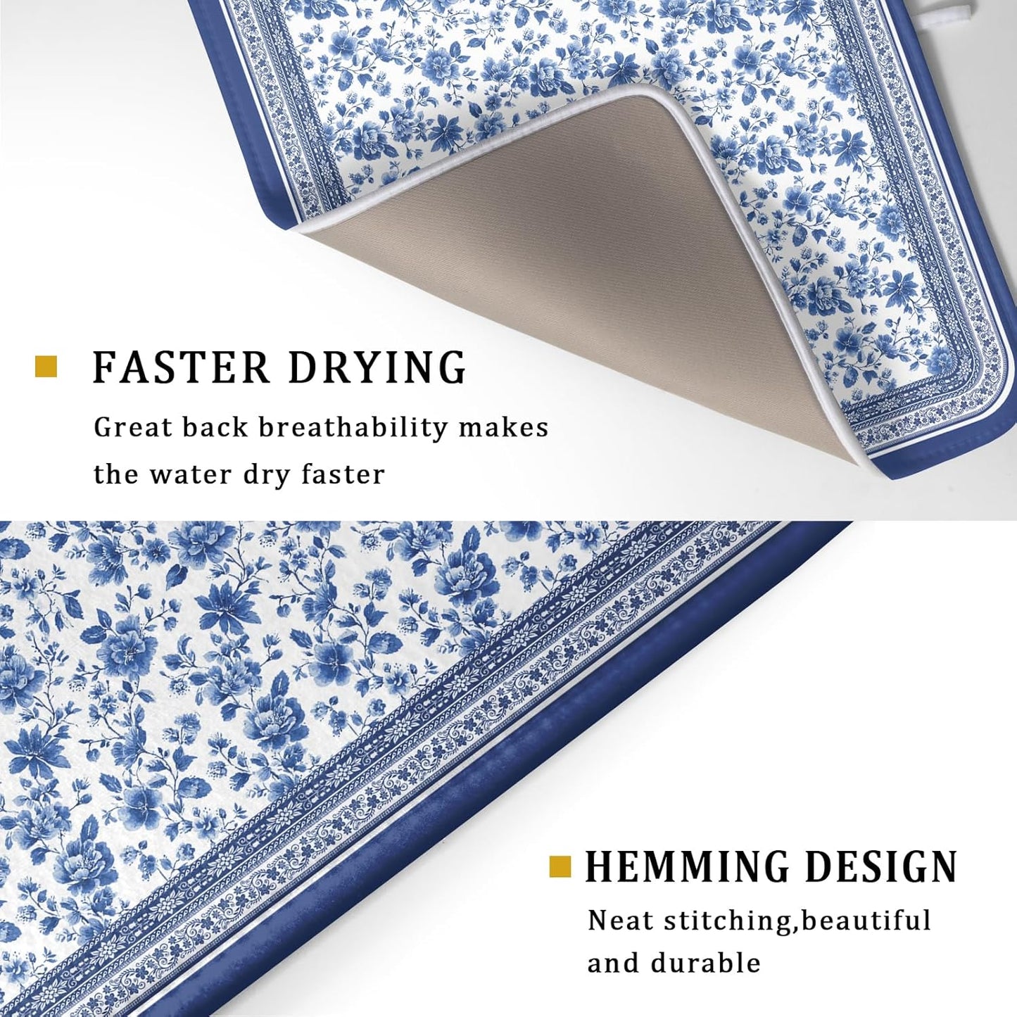 Blue Floral Branches Dish Drying Mat for Kitchen Counter Chinoiserie Pattern Dish Drying Pad 18x24 In Absorbent Vintage Flowers Decor Dishes Drainer Pad Dish Dry Rack Mat for Counter Coffee Bar