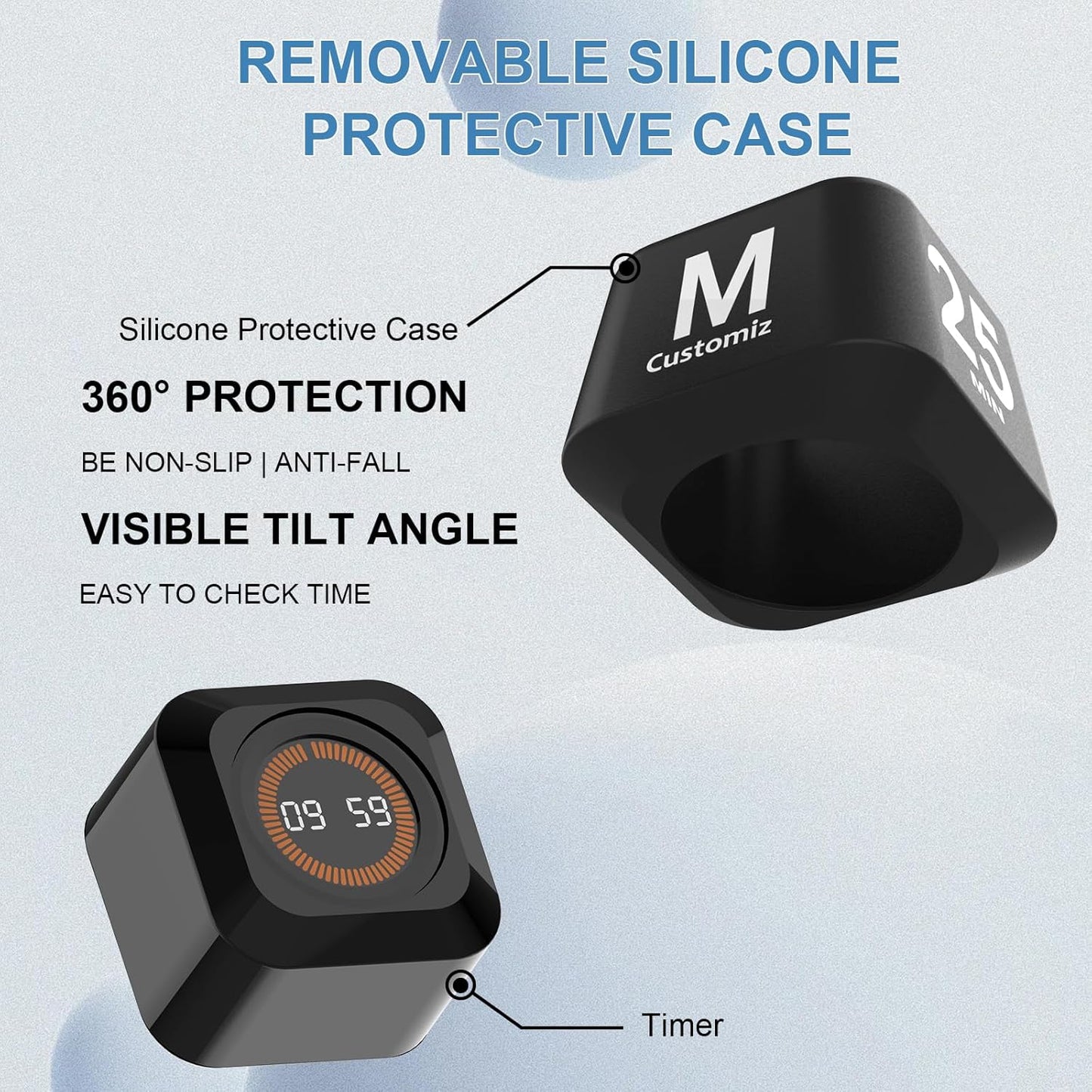 Rotating Cube Visual Timer 5, 25, 10, 50 Min Preset + Custom Countdown, Rechargeable Desk Productivity Flip Timer w/Silicone Case, Silent Mode, Ideal for ADHD Tool Study Work School (Black)