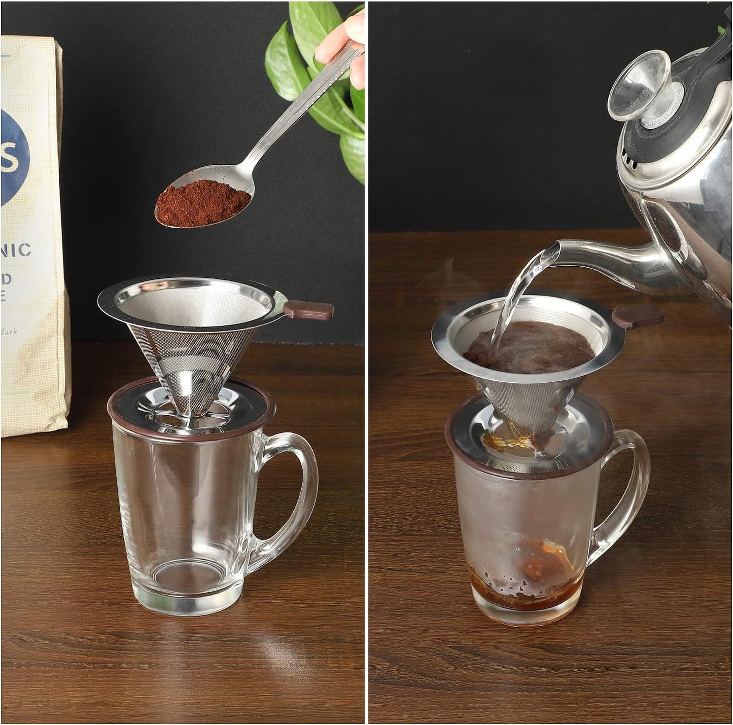 Pour Over Coffee Dripper, Reusable Paperless Coffee Filter,Professional Stainless Steel Drip Cone Brew Coffee Strainer,Upgraded Double Micro Mesh Filter with Cup Stand,1-4 Cup