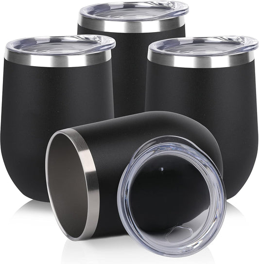 DOMICARE Stainless Steel Wine Tumbler Bulk with Lid, Personalized Insulated Tumblers Set, 12oz Travel Coffee Cups Pack of 4, Black