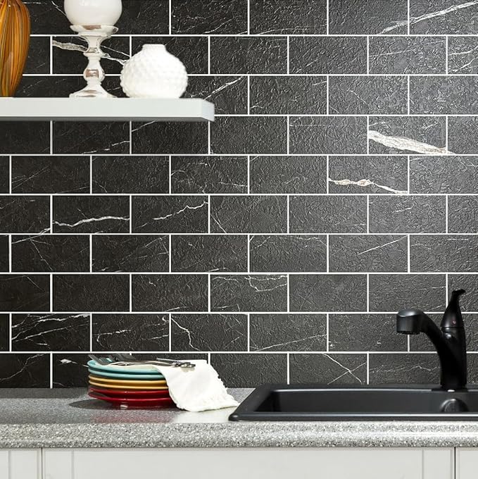 AULIGET Faux Stone Backsplash Peel and Stick PVC Tile, 3 Inch x 6 Inch Black - Image 4
