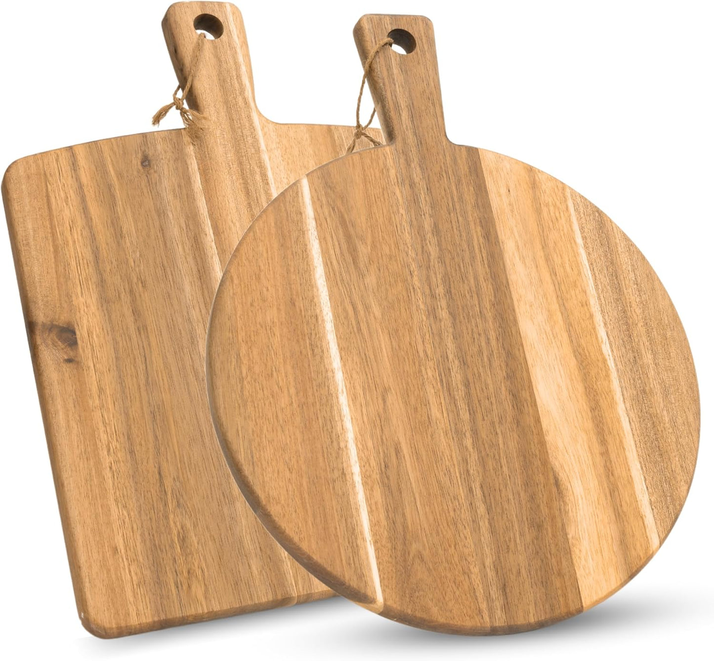 KOLWOVEN Acacia Wood Cutting Board 2 Pack with Handle, Wooden Charcuterie Board Large Paddle Carving Chopping Board Set, Serving Tray for Cheese Meat Fruit Pizza Bread Baking