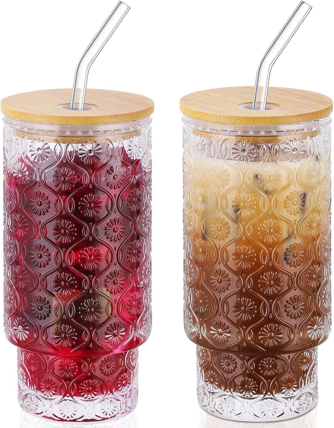 16 Oz Glass Cups Set of 2, Vintage Embossed Floral Glass Tumbler, Iced Coffee Cups with Lid, for Whiskey Cocktail Beer (2 PACK)