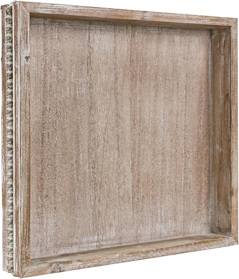 MAONAME Wood Serving Tray, Farmhouse Wooden Tray for Coffee Table, Rustic Square Trays with Beads, Washed White Decorative Trays for Living Room, Kitchen, 12" X 12" X 1.6"