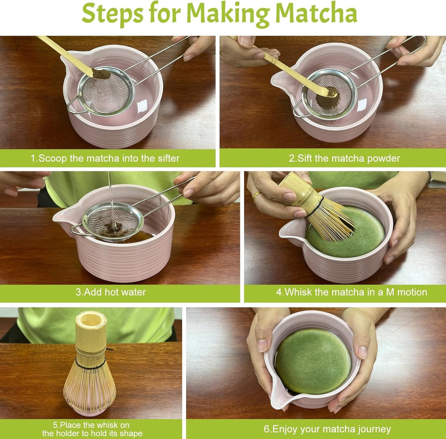 Matcha Whisk Set,6Pcs Matcha Kit Includes Matcha Whisk and Holder,Matcha Bowl with Spout,Matcha Sifter and 2Pcs Matcha Spoon,Suitable as a gift for those who like matcha (Pink)