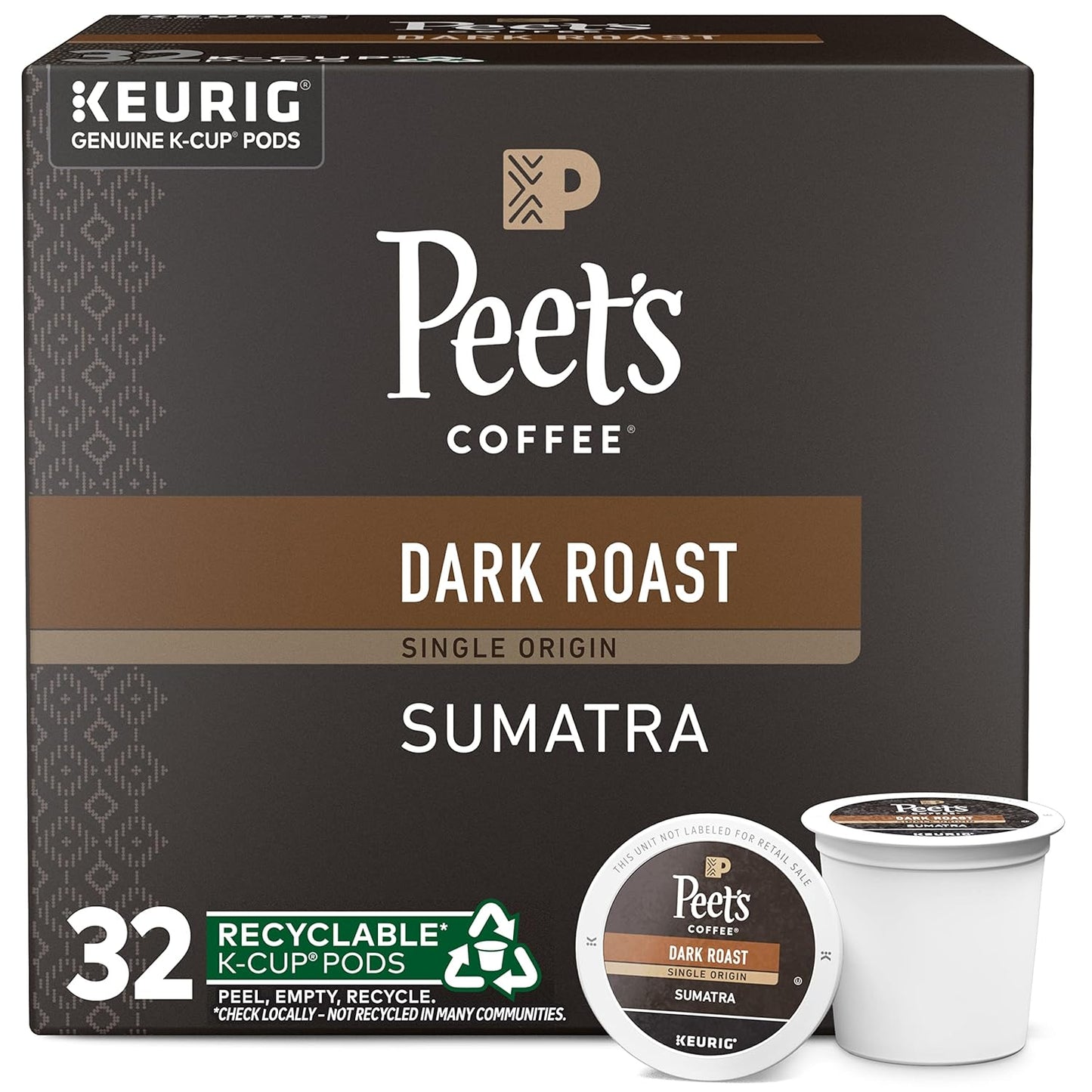 Peet's Coffee, Dark Roast Keurig K-Cup Pods - Single Origin Sumatra 32 Count (1 Box of 32 K-Cup Pods)