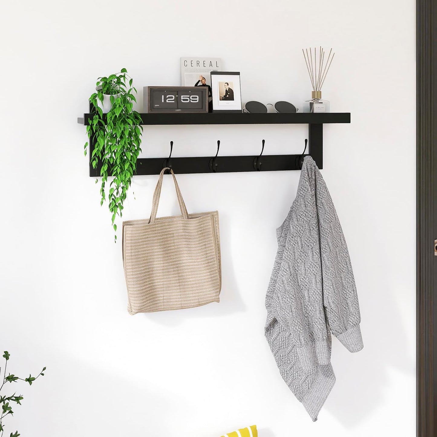 SMIBUY Coat Hooks with Shelf Wall-Mounted, 29.2 Inch Entryway Coat Rack for Wall, Bamboo Hanging Shelf with 5 Double Metal Hooks for Bathroom, Bedroom, Kitchen, Living Room, Mudroom (Black)