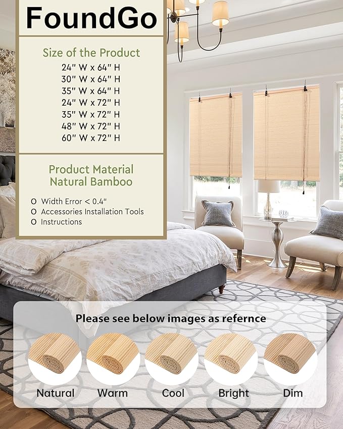 FoundGo Retro Bamboo Blinds 35" W x 72" H Bamboo Roman Shades Light Filtering - Image 2