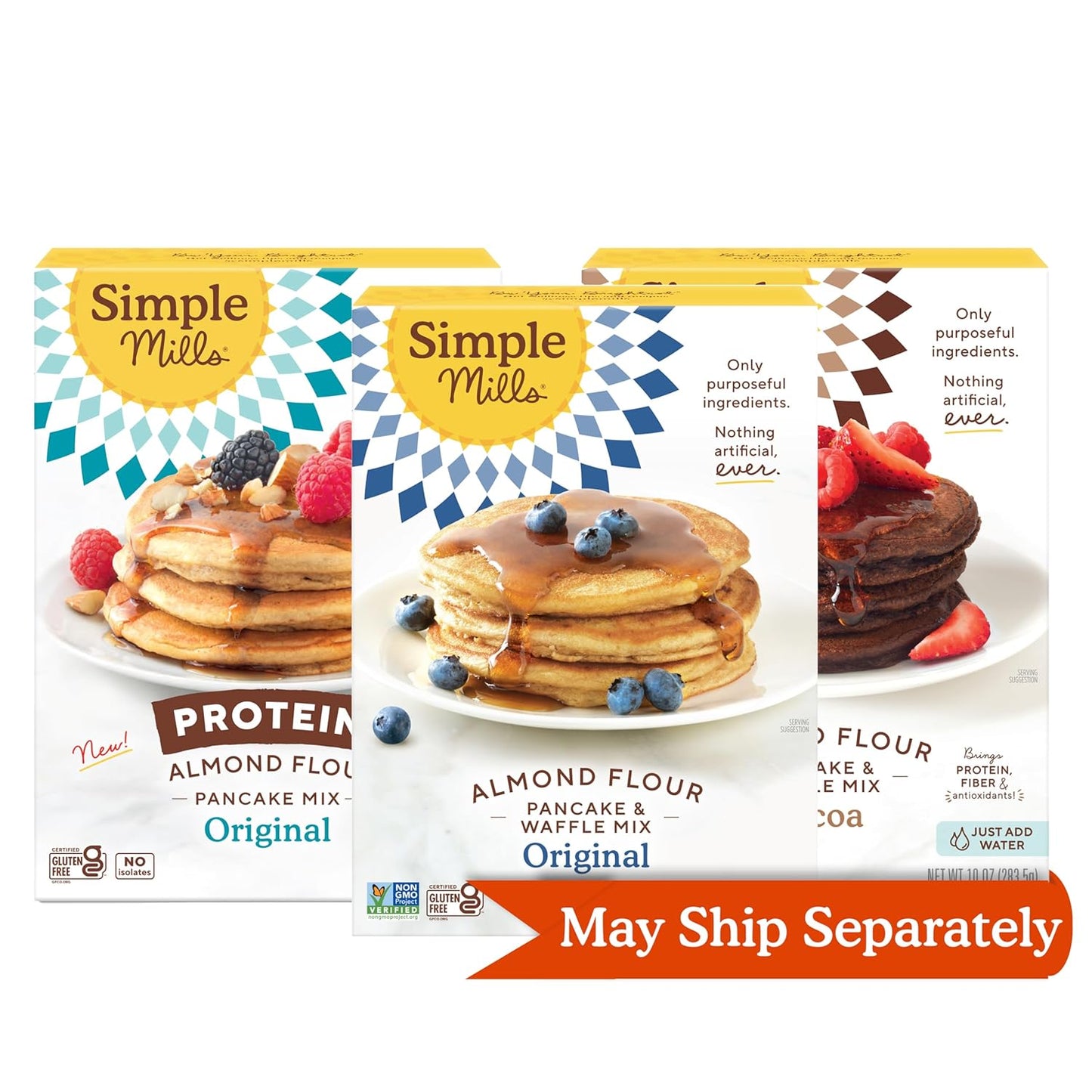 Simple Mills Almond Flour Pancake & Waffle Mix Variety Pack (Original, Cocoa, and Original Protein) - Gluten Free, Non-GMO, Breakfast (Pack of 3)