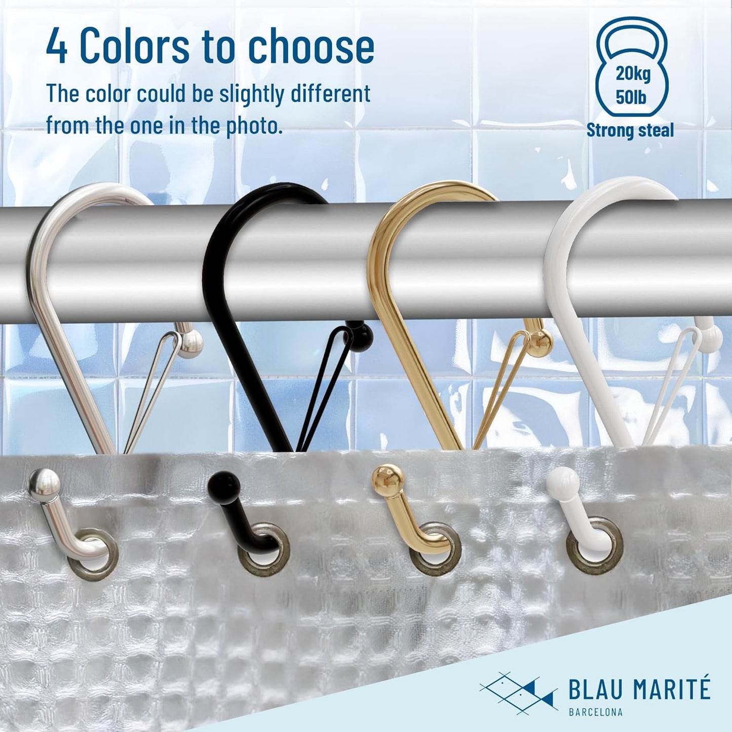 12 Decorative Metal Shower Curtain Hooks, S-Shaped Hooks with Anti-Fall System, Rust-Proof Shower Rings with Safety Buckle, Fits Rods Up to 1-Inch Diameter (S, White)