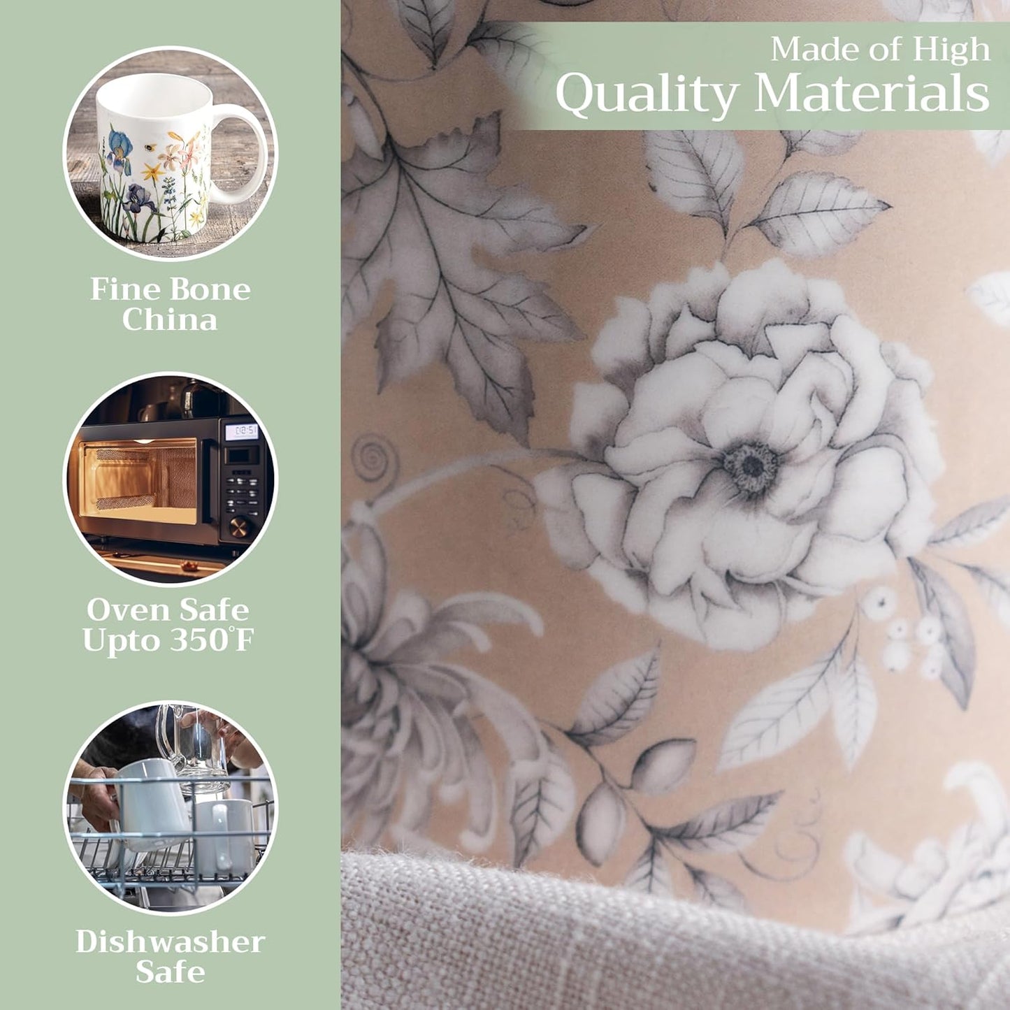 Maison d' Hermine Coffee Mug with Handles Fine Bone China Mugs Pack of One Tea Cups for Hot Beverages Cappuccino Latte Home Restaurant Office Perfect for Gift (Pretty Autumn - Pretty Mono, 12 Ounce)