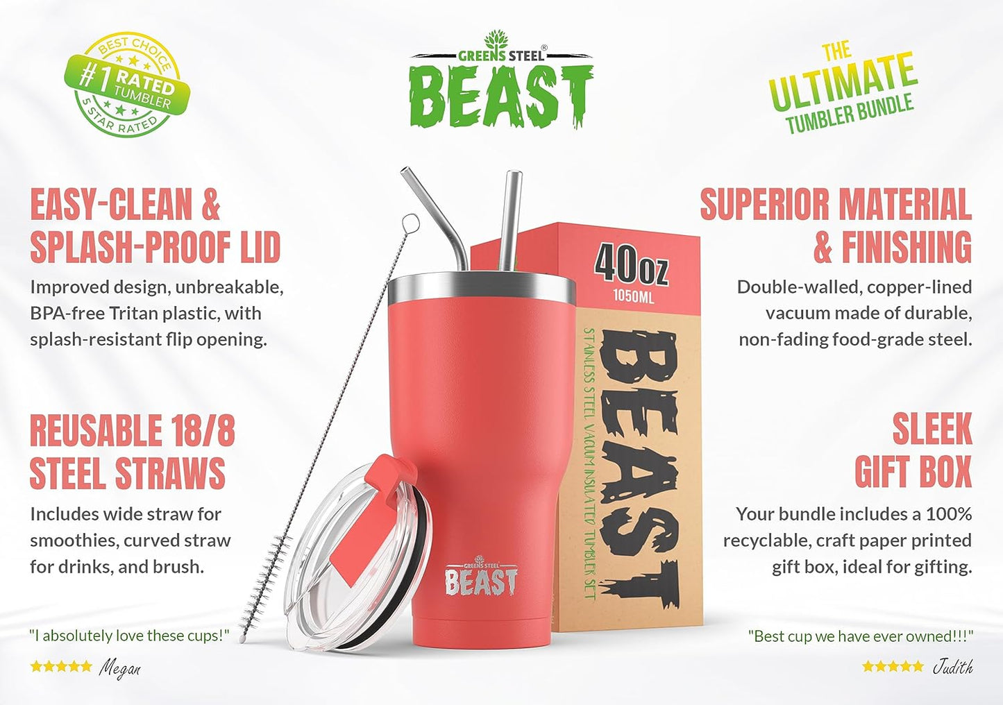 Beast 40 oz Tumbler Stainless Steel Vacuum Insulated Coffee Ice Cup Double Wall Travel Flask (Coral Pink)