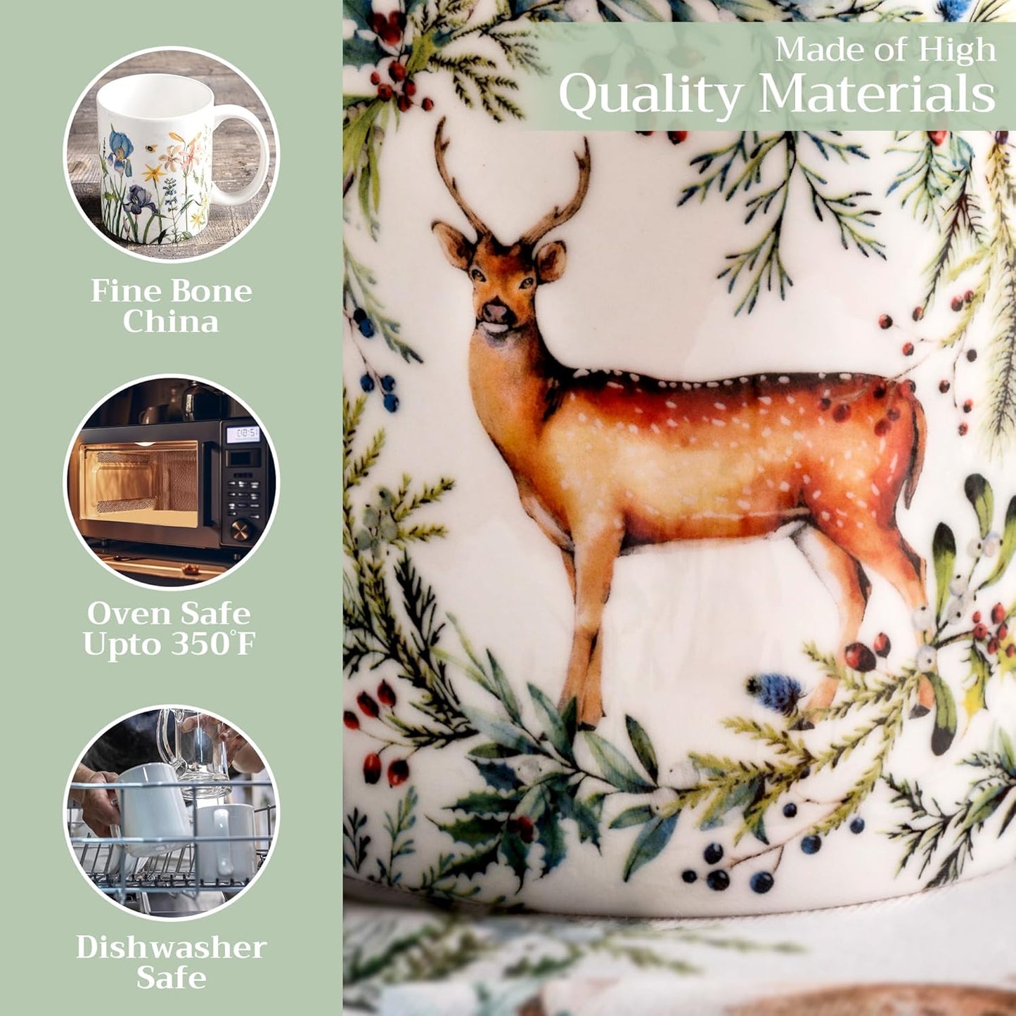 Maison d' Hermine Coffee Mug with Handles Fine Bone China Mugs Pack of One Tea Cups for Hot Beverages Cappuccino Latte Home Restaurant Office Perfect for Gift (Holly Time - Biche, 12 Ounce)