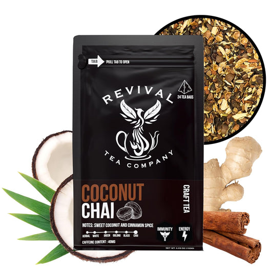 Revival Tea Company Coconut Chai Tea - Black Tea Blend with Fresh Spiced Chai and Coconut Flavor - Loose Leaf 8 Ounces
