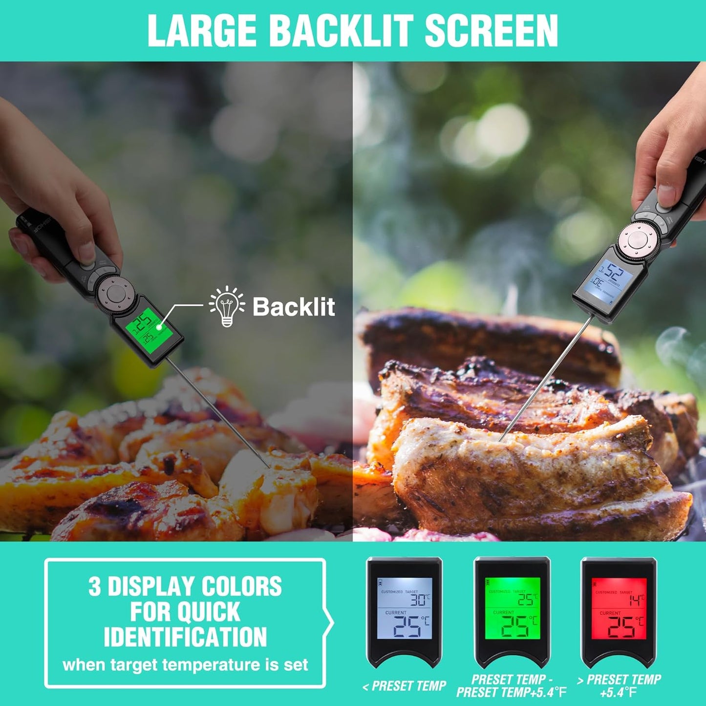 HAUSHOF Instant Read Meat Thermometer Digital, High Accuracy Cooking Thermometer, Scroll Interface Food Thermometer with Timer, Quick-Setting Kitchen Temperature Probe for Grill, Smoker, BBQ, Frying