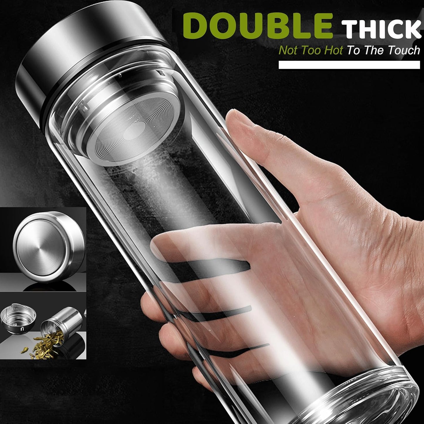 Tea Tumbler with Infuser, 34oz Tea Bottle with 2 in1 Infuser, Large Double Wall Borosilicate Glass Tea Bottle 100% Leak-Proof with Stainless Steel Filter