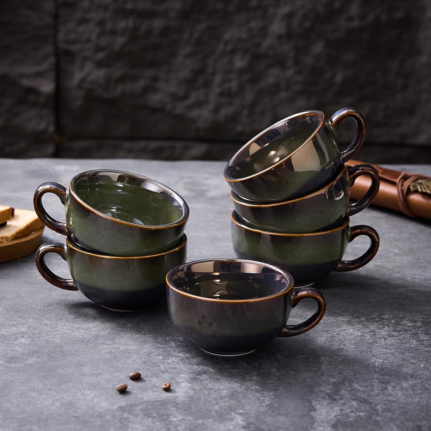 Set of 6 Vintage Design 12 oz Professional Barista Ceramic Latte Art Cappuccino Cups Set (Sea Grey * 6)