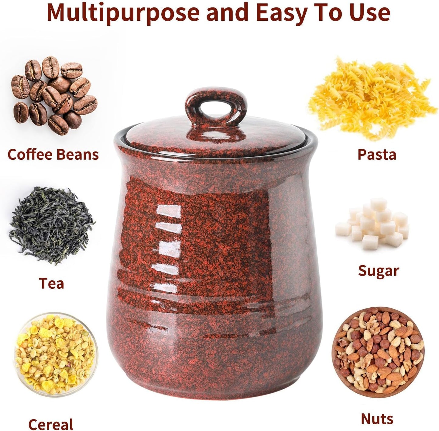 Hasense Coffee Grounds Container with Airtight Lid, Ceramic Food Storge Canister for Kitchen, Large Candy Dish for Countertop, Jar for Tea, Cookies, Sugar, Coffee Bean, 80 FL OZ(Red)