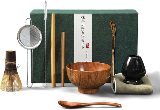 Matcha Whisk Set, 12 Pcs Matcha Set, Jujube Wood Bowl with Bamboo Straws, Storage Box & Gift Bag, Matcha Kit for Tea Ceremony or Matcha Latte