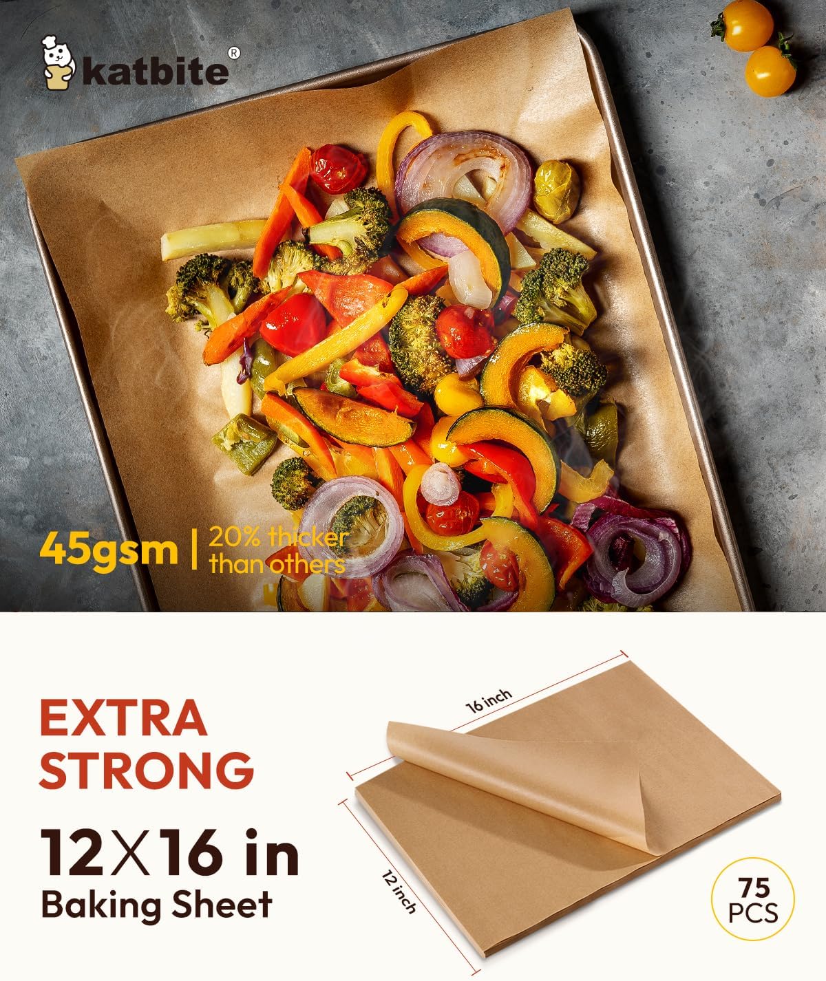 Katbite 75Pcs Unbleached Parchment Paper Sheets 12x16IN, Pre-Cut Heavy Duty Parchment Baking Paper, Non-Stick Half Sheet Brown Baking Parchment Paper for Air Fryer, Baking Cookie [Advanced Series]