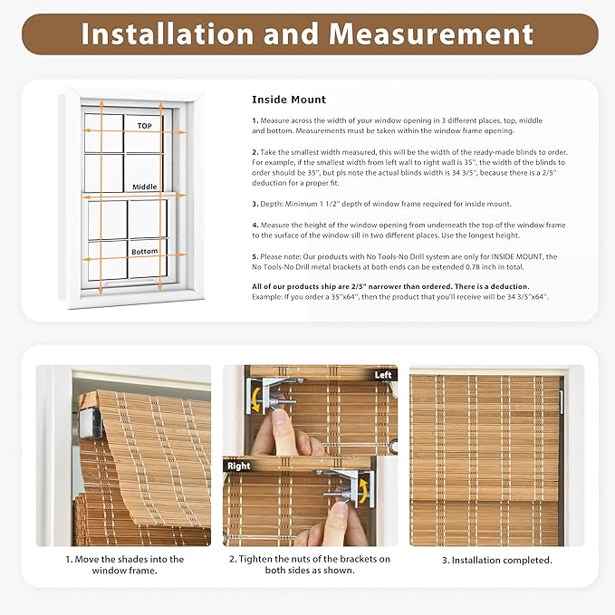 LazBlinds No Tools No Drill Cordless Bamboo Roman Shades, Custom Privacy Light - Image 6