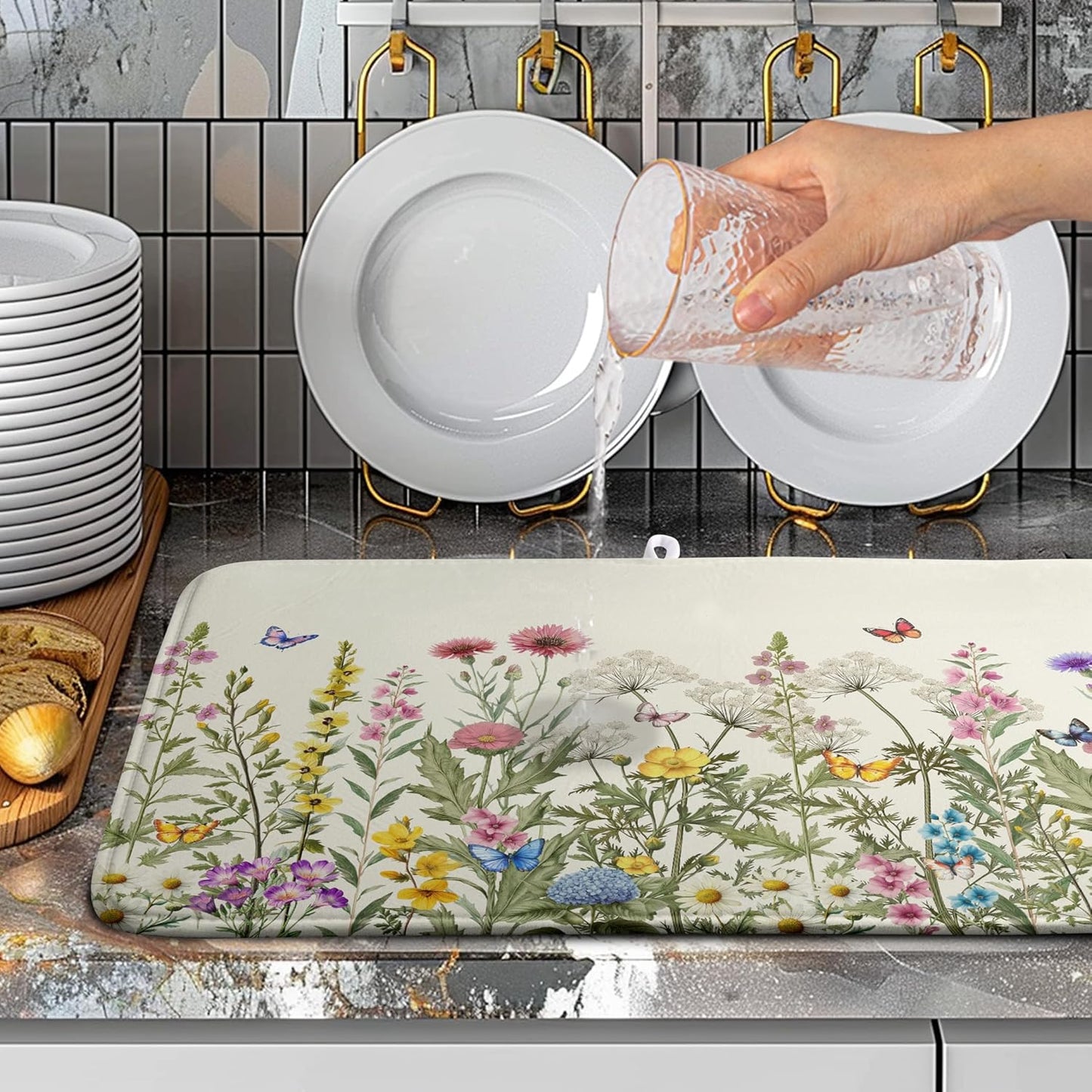 Spring Dish Drying Mat Summer Floral Flowers Kitchen Dish Drying Pad Absorbent Dish Dryer Mat for Kitchen Countertops Microfiber Dishes Drainer Pad Dish Drying Rack Mat (18x24 in)
