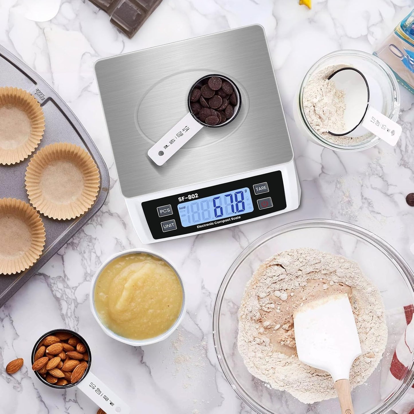 Large Digital Kitchen Scale 30kg/66lb Food Scale for Baking Cooking Stainless Bread Scale with LCD Display Counting Scales for Coins Adapter Included(Stainless White)