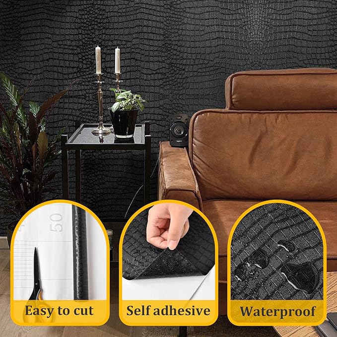 Fititem Black Peel and Stick Wallpaper 118inL 17.3inW Modern Black Crocodile - Image 2