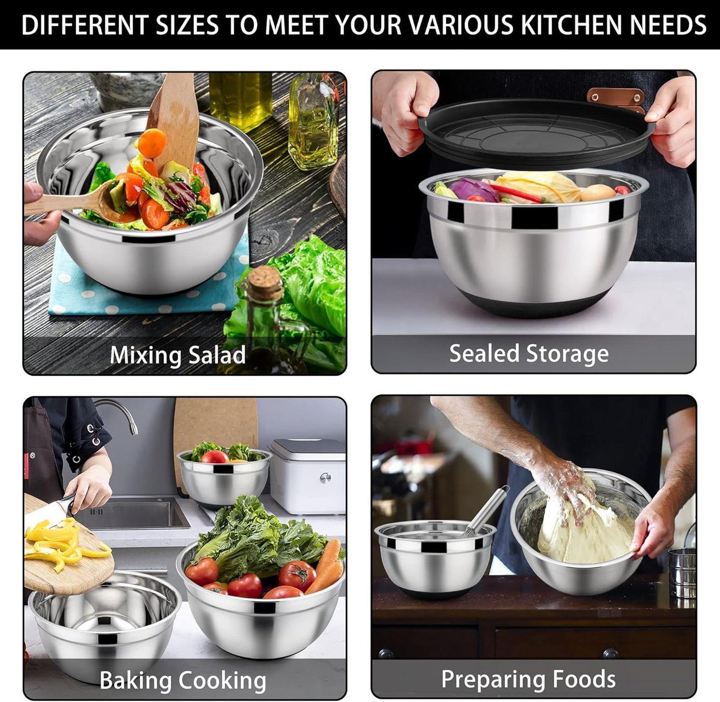 LIANYU Stainless Steel Nesting Mixing Bowls Set of 6 with Airtight Lids, Size 7, 3.5, 2.5, 2, 1.5, 1QT, Large Metal Bowls for Baking Cooking Food Storage, Non-slip Bottom, Black
