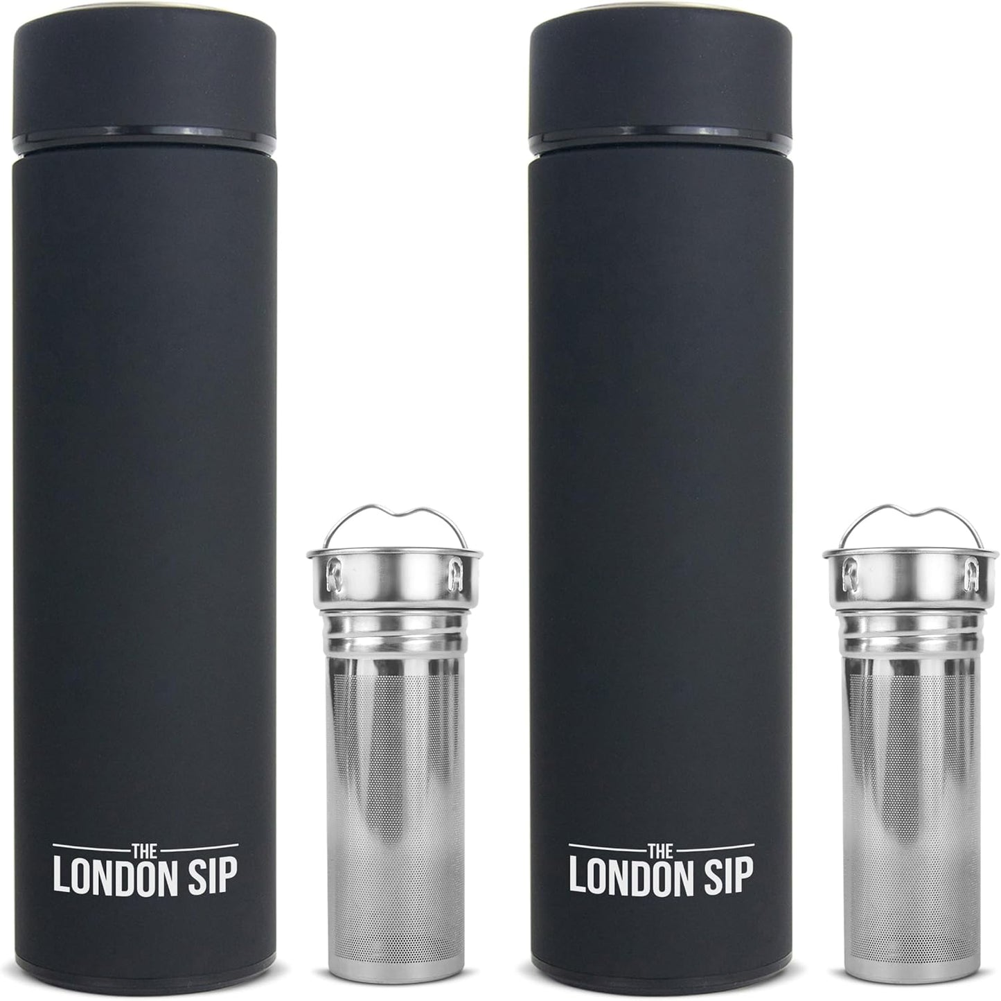 London Sip Multi-Purpose Travel Mug and Tumbler Fruit Infused Flask Hot and Cold Double Wall Stainless Steel Thermos with Extra-Long Infuser, Zen Black, Pack of 2