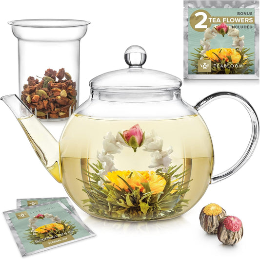 Teabloom Stovetop & Microwave Safe Glass Teapot with Removable Loose Tea Glass Infuser – Includes 2 Blooming Teas – 2-in-1 Tea Kettle and Tea Maker – Tea Purist's Choice