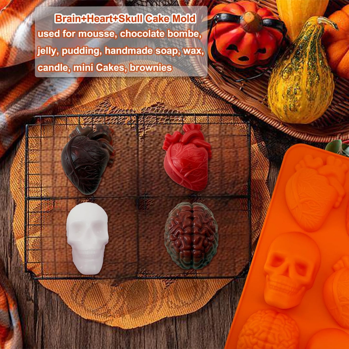 2 Pack Brain Heart Skull Cake Mold, 3D Human Organ Brain Jello Mold Halloween Silicone Molds Heart Skull Brain Chocolate Mold for Halloween Baking Mini Cakes Soap Candle Muffin Pudding Dessert