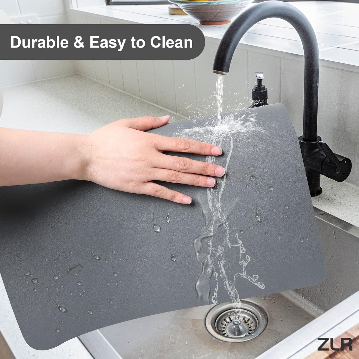 ZLR Coffee Mat - 12" x 20" Middle Kitchen Hide Stain Absorbent Dish Drying Mat for Countertop - Easy to Clean Coffee Bar Mat for Espresso Machine and Spill Protection - Dark Gray