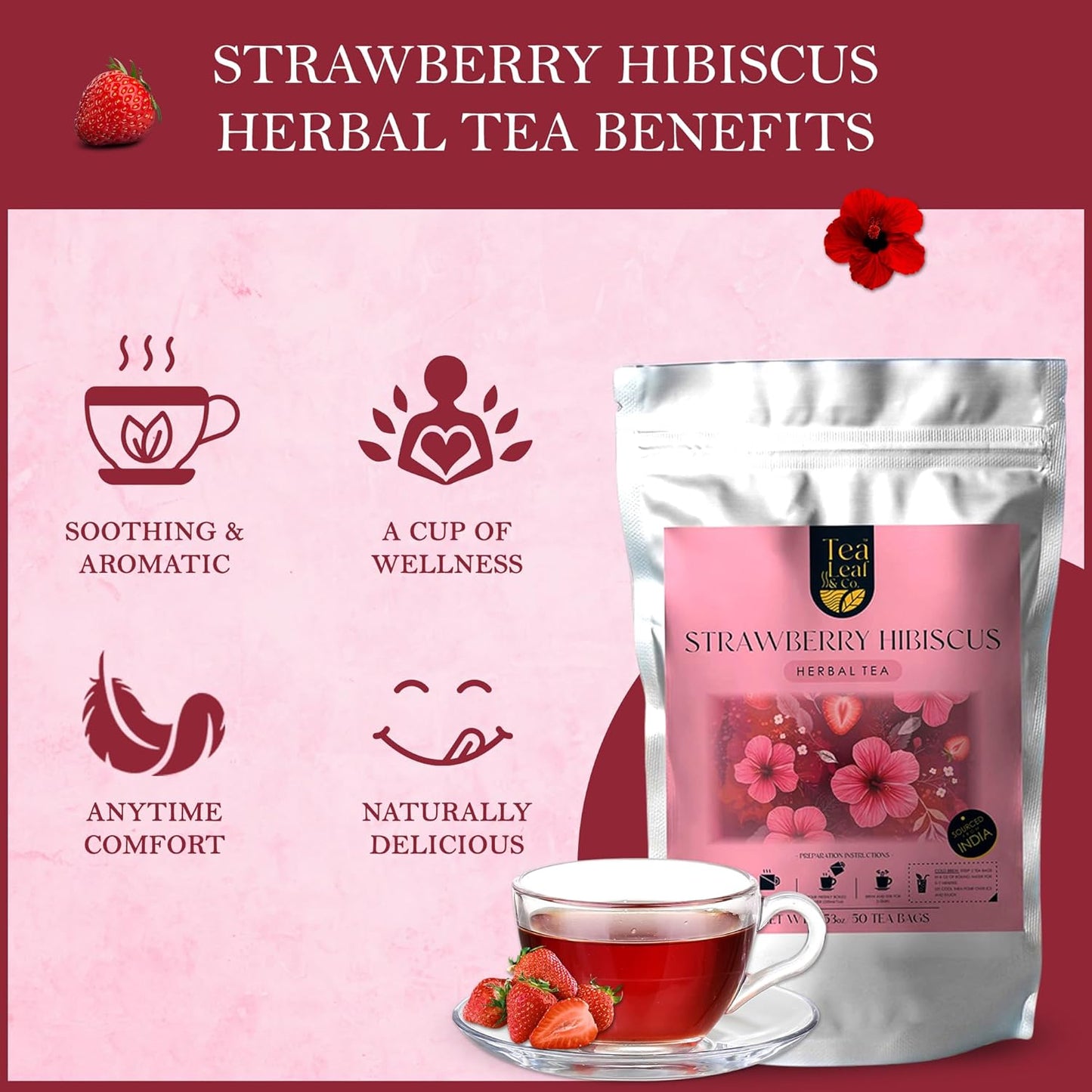 Tealeaf & Co. Strawberry Hibiscus Tea Bags Blended with Fresh Herbs and Spices - Herbal Tea Bags with Organic Spices, Berries & Dried Hibiscus Flower Extract - Low Caffeine - Gluten Free - 50 Teabags