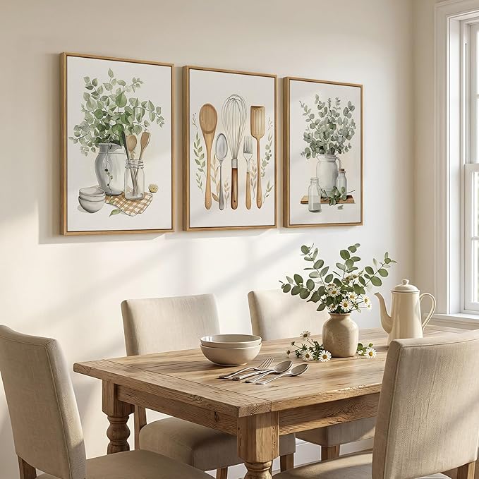 Framed Botanical Wall Art for Kitchen, 3 Piece Modern Farmhouse Sage Green - Image 2