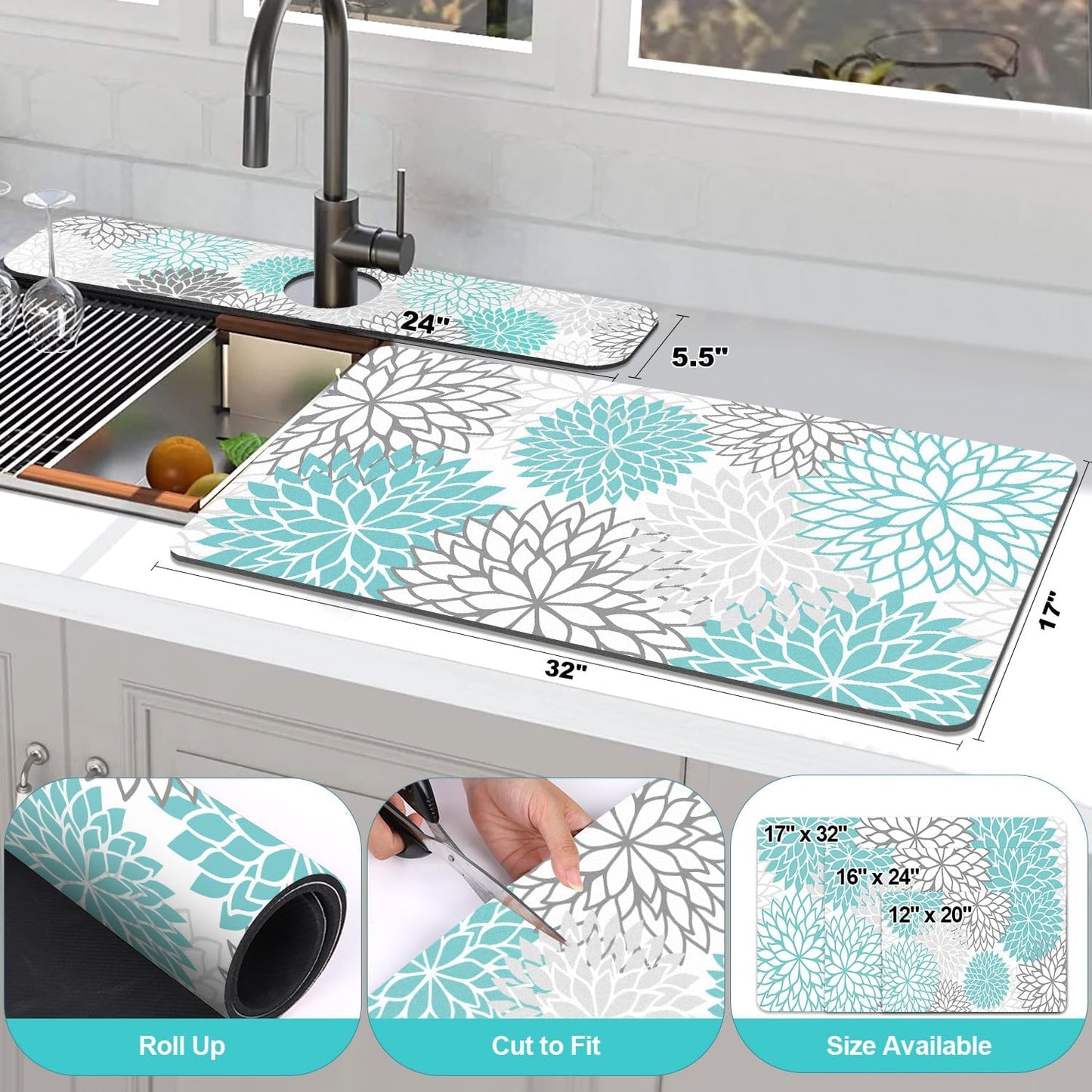 Findosom 2PCS 17" x 32" Dish Drying Mat & 24" x 5.5" Sink Splash Guard, Super Absorbent & Cuttable Dish Mat Drying Kitchen Mat with Teal Floral, Hide Stain Drying Mat for Kitchen Counter