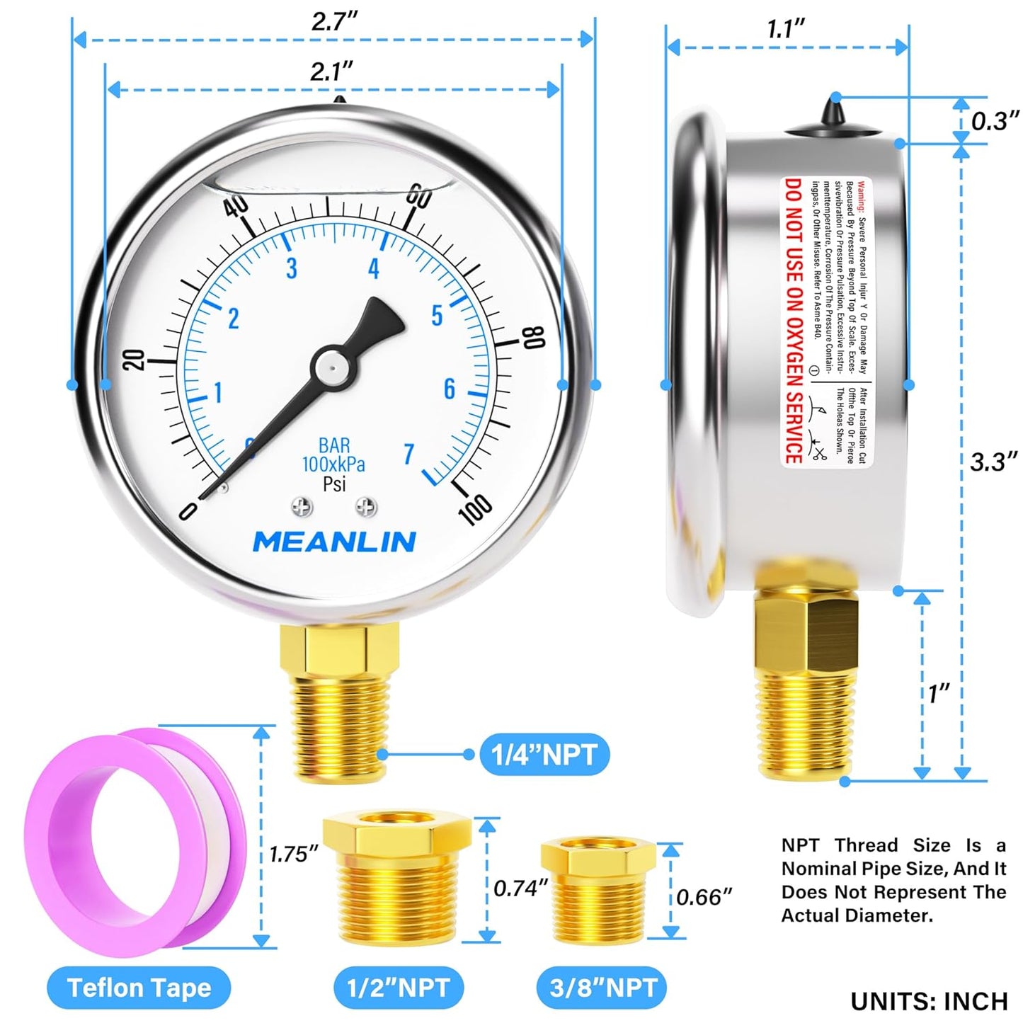 MEANLIN MEASURE 0~100Psi Stainless Steel 1/4" NPT 2.5" FACE DIAL Liquid Filled Pressure Gauge WOG Water Oil Air Lower Mount, with 1/2" NPT and 3/8" NPT Hex Bushing
