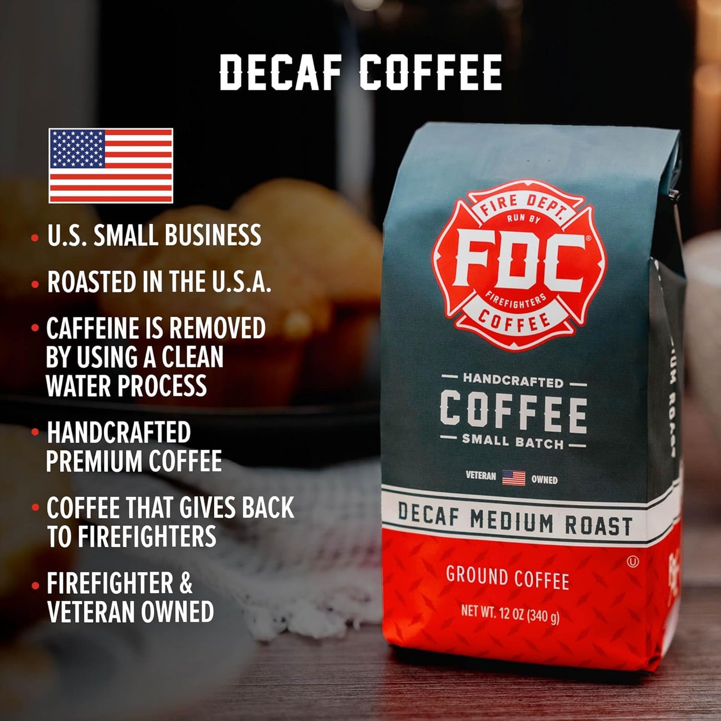 Fire Department Coffee - Gives Back to Firefighters - Premium Decaf Ground Coffee - Roasted in the USA - Decaffeinated Using Natural Mountain Water - Veteran Owned - 12 oz