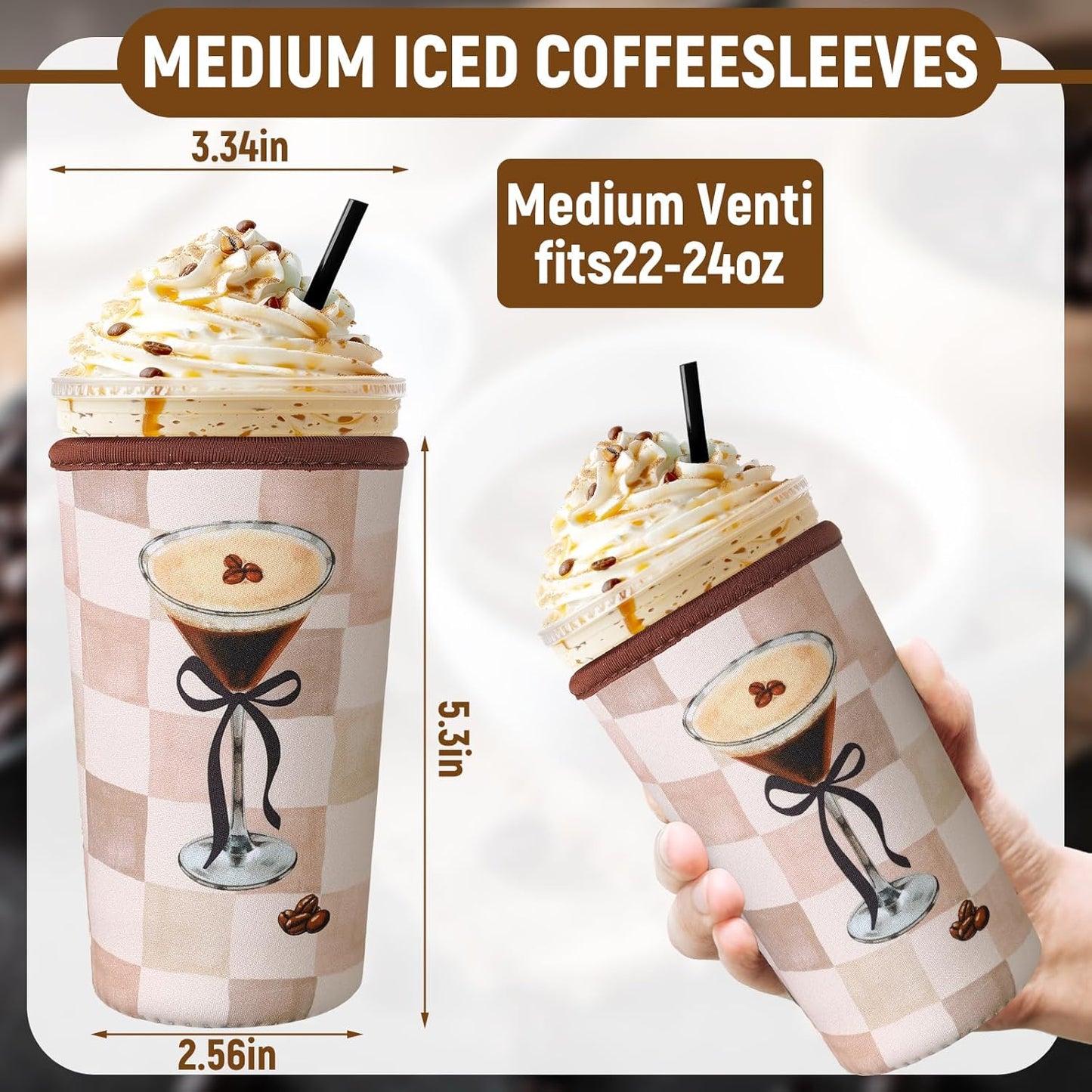 8 Pcs Reusable Sleeves for Iced Coffee Cup Pink Bow Cup Coolie Espresso Martini Reusable Coffee Insulator Sleeves Neoprene Insulated Holder for Iced & Hot Drinks, 22-24 oz