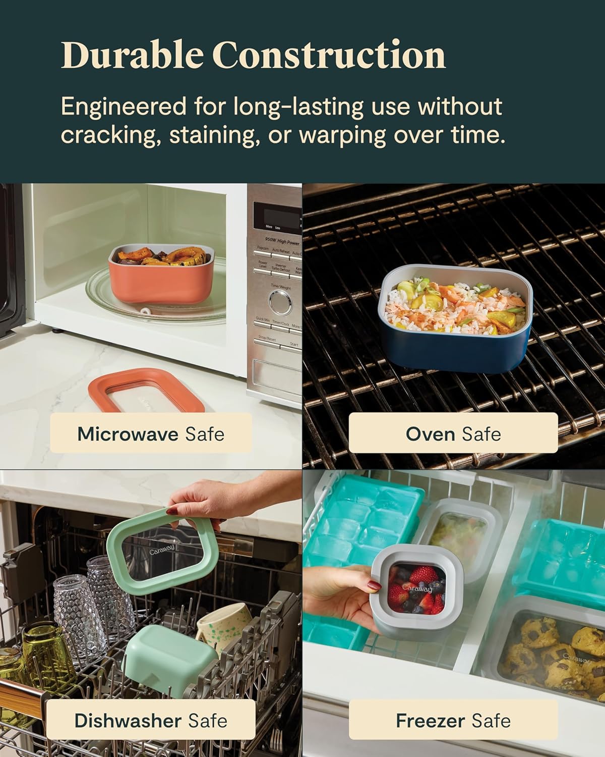 Caraway 2pc Glass Food Storage Set - 2.6 Cup Food Containers (2) - Non-Toxic Ceramic-Coated Glass - Air Release Technology - Compact & Stackable Design - Navy