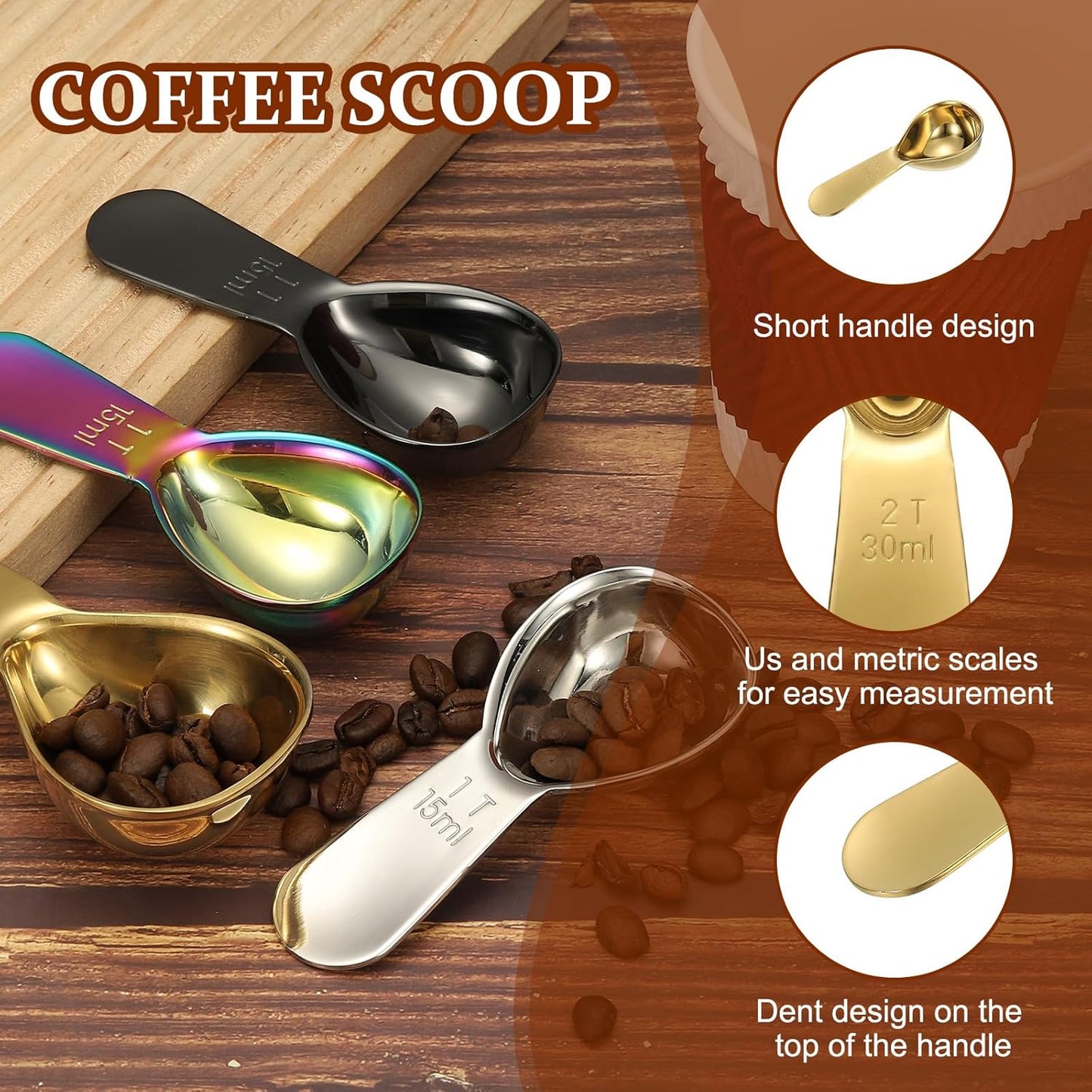 uxcell 2Pcs Stainless Steel Coffee Scoop, 30ml Short Handle Measuring Spoon for Ground Coffee Tea Sugar Kitchen Gifts, Gold