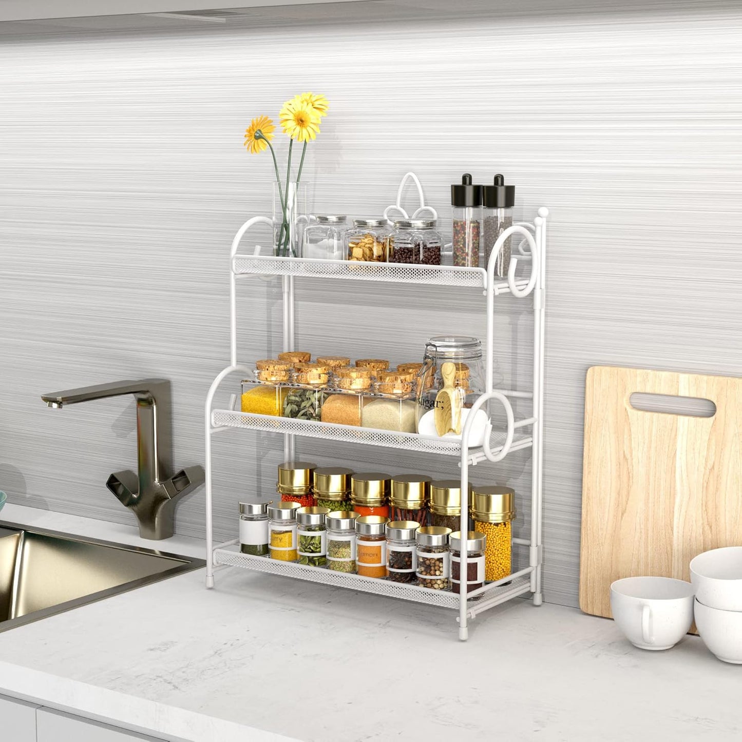 Bathroom Counter Organizer - Spice Rack Countertop 3 Tier Counter Shelf Organizer for Bathroom Kitchen Bedroom Foldable White