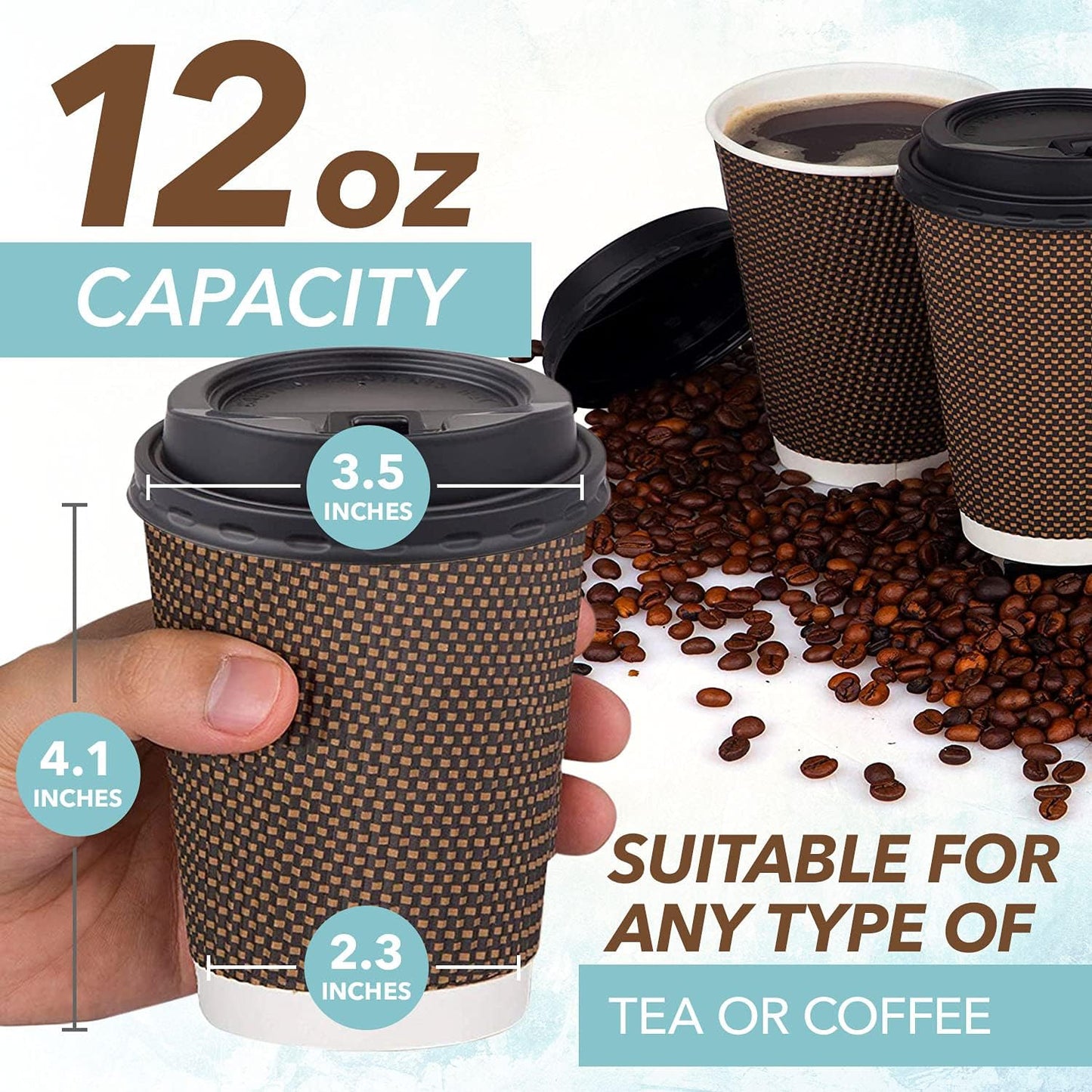 Promora Brown Disposable Coffee Cups With Lids 12 oz, Premium Insulated Paper Ripple Cups for Hot Coffee, Paper Cups 12 oz Coffee Cups 12 oz, Paper Coffee Cup with Lids (80 Pack)