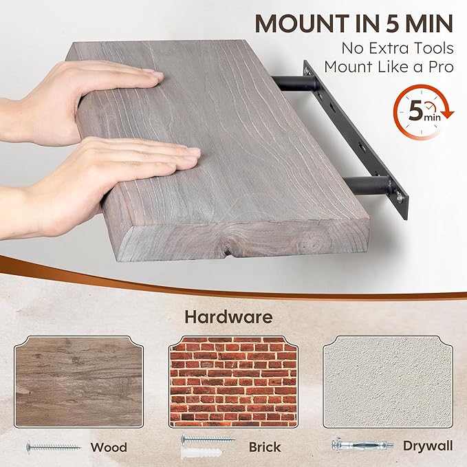 Live Edge Floating Shelves Set of 2, 36 Inch Solid Elm Wood Wall Shelves - Image 5