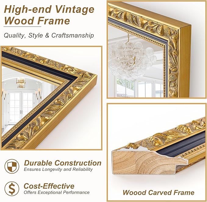 Large Antique Wall Decorative Mirror, Rectangular Vintage Gold Mirrors - Image 4