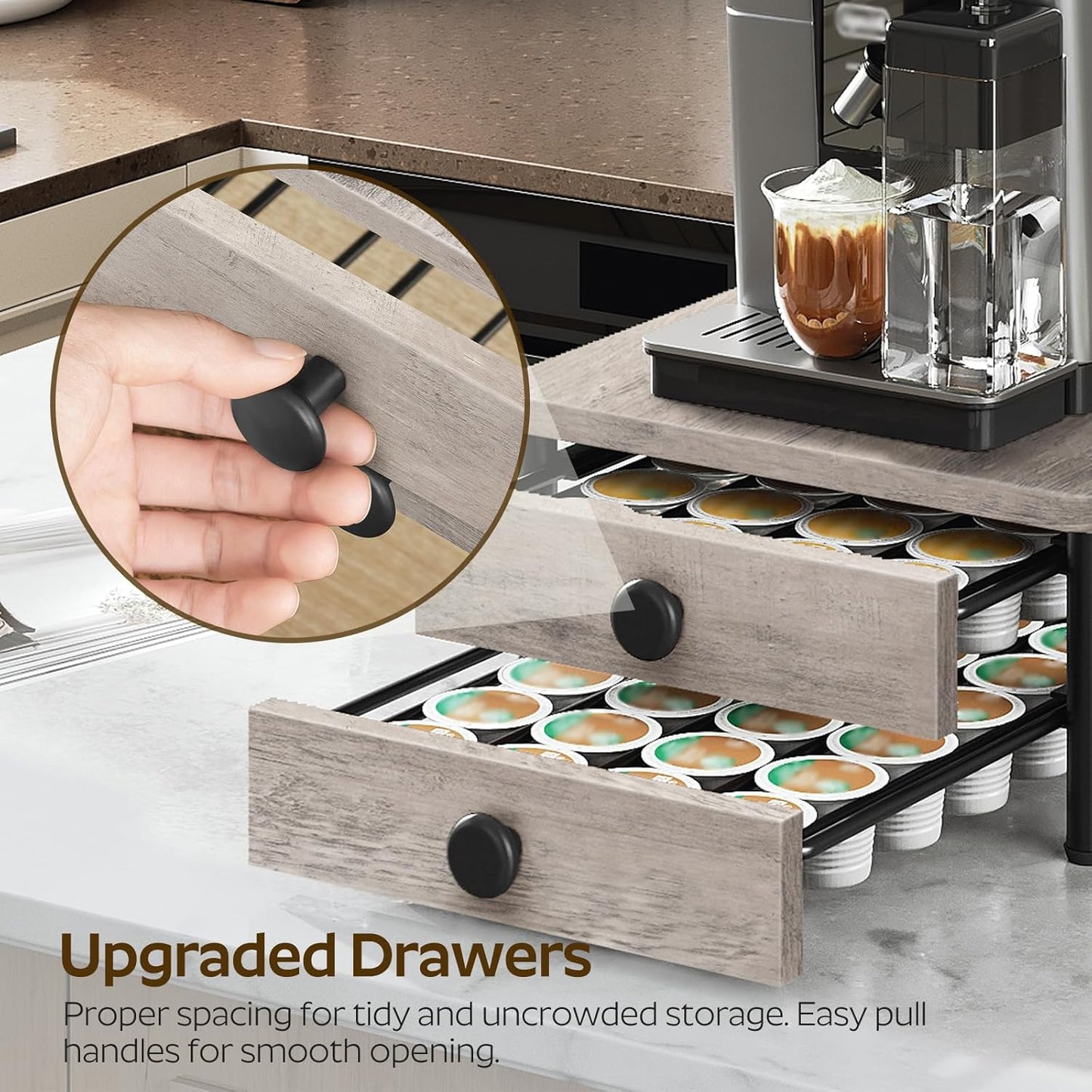 Coffee Pod Drawer Holder for K Cup, 56 Pods Capacity, 2 Tier Organizer for K Cup, Coffee Pod Organizer for Countertop, Space Saving, Easy Assembly, Greige and Black KH28BGY1