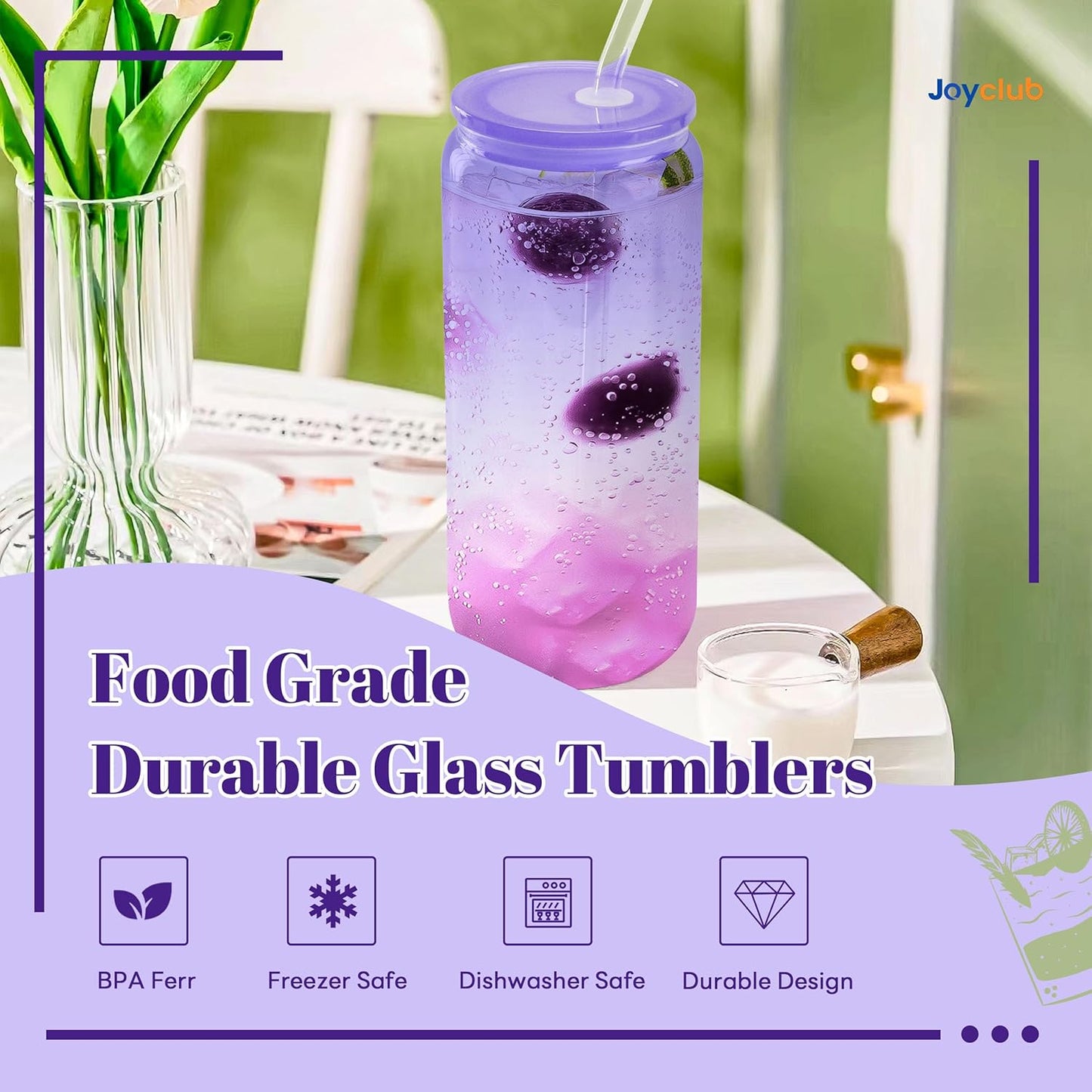 Joyclub 20oz Glass Cups with Acrylic Lids and Straws 8 Set Can Shaped Glass Iced Coffee Cups with Lids, Gradient Drinking Glasses Cute Tumbler Cup Great for Smoothie Soda Boba Tea Cocktail Beer Gift