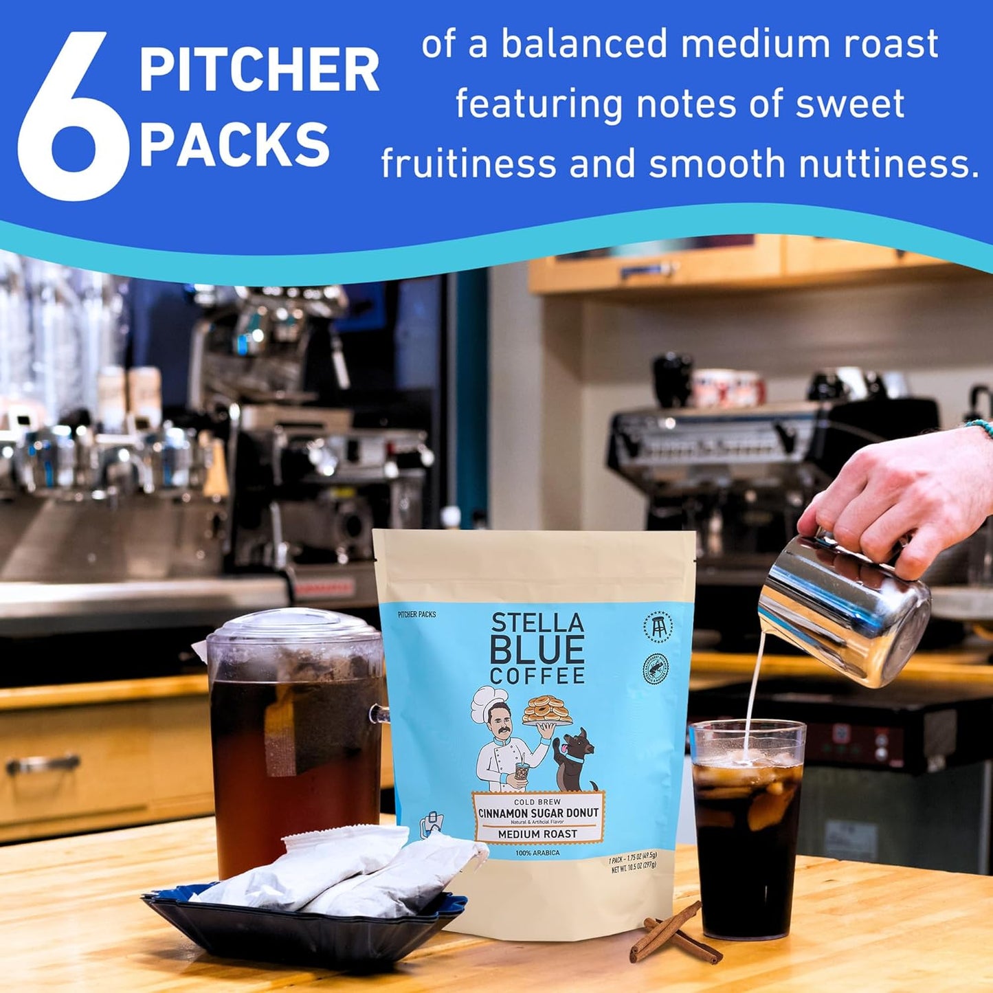 STELLA BLUE Fresh Cold Brew Coffee | Cinnamon Sugar Donut | 100% Arabica Medium Roast | Warm Cinnamon and Sweet Pastry Flavor | Cold Brew Coffee Packets | Makes 24 Pods | 6 Easy-Brew Pouches