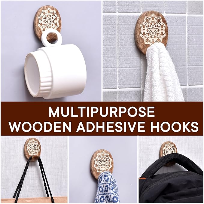 IndianShelf 6 Lb- 24 Pieces Decorative Wood Adhesive Wall Hooks–Boho Peel and - Image 6